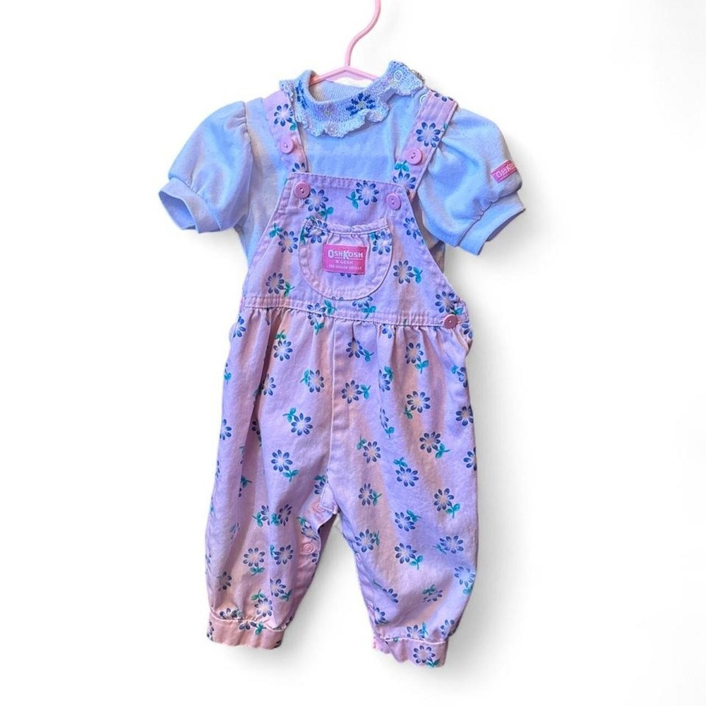 Vintage 100% cotton Oshkosh Pink floral overalls with matching shirt Size 12M